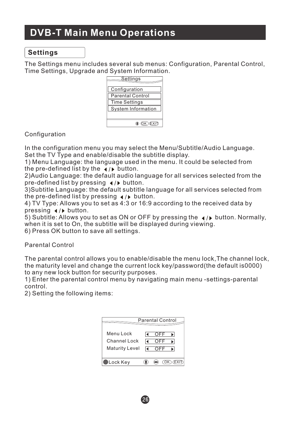 Dvb-t main menu operations, Settings | haier L22T12W-A User Manual | Page 28 / 42