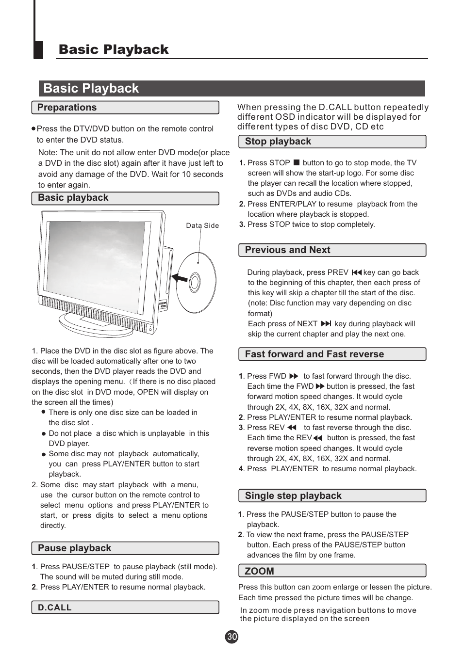 Basic playback, Preparations, Pause playback | Stop playback previous and next, Fast forward and fast reverse, Single step playback, Zoom | haier L22T12W-A User Manual | Page 32 / 42