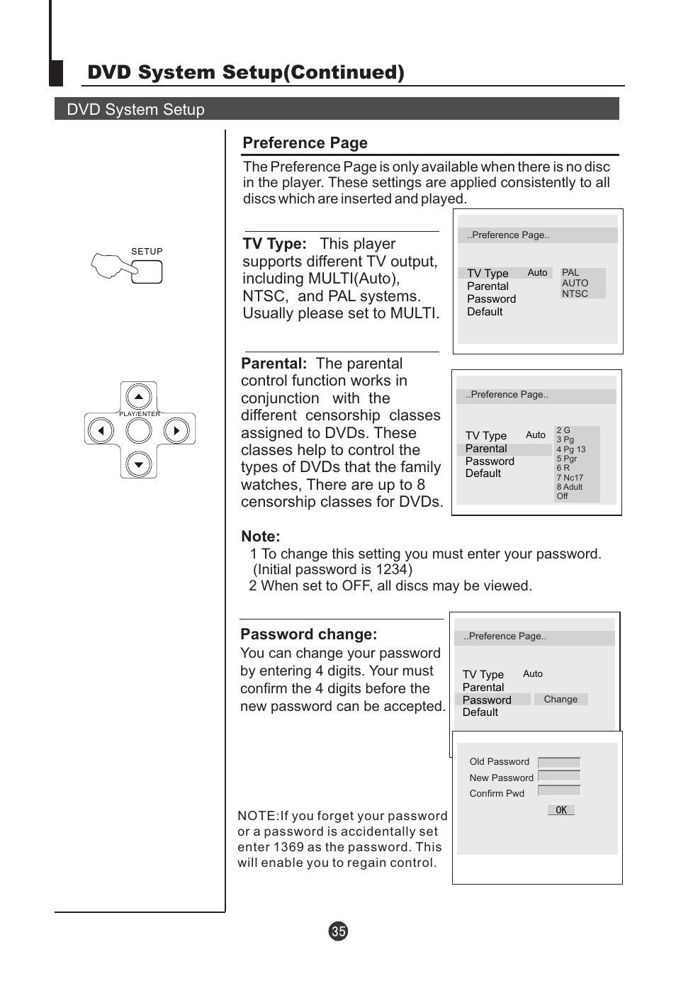 Dvd system setup(continued), Dvd system setup, Preference page | Password change | haier L22T12W-A User Manual | Page 37 / 42