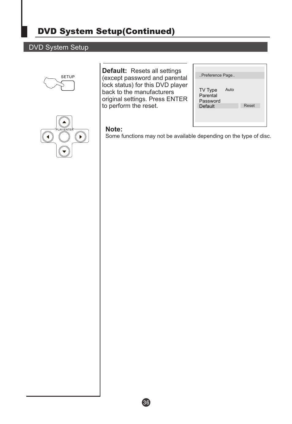 Dvd system setup(continued), Dvd system setup, Default | haier L22T12W-A User Manual | Page 38 / 42