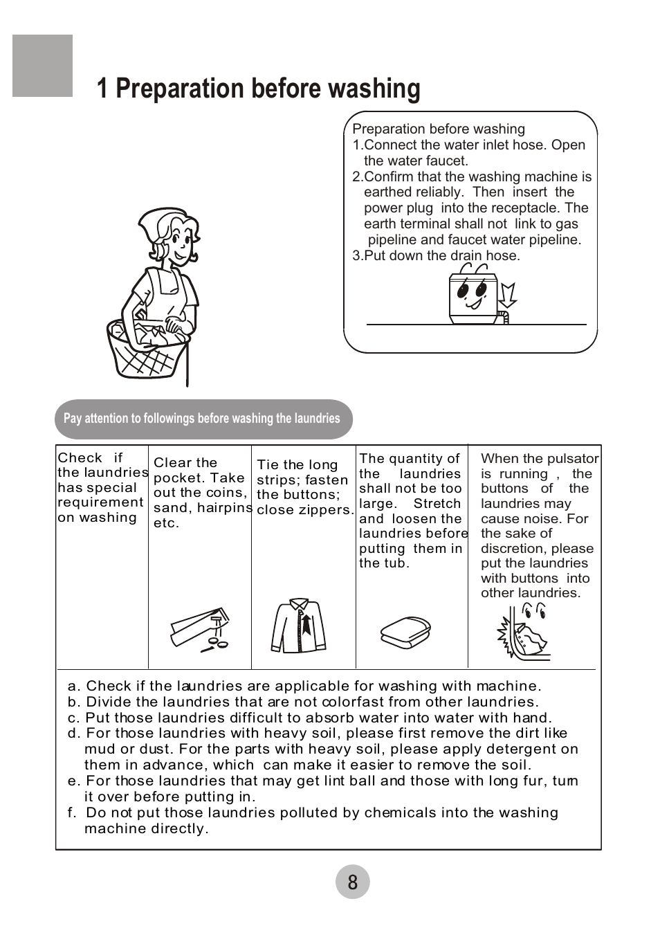 1 preparation before washing | haier HWM55-0528 User Manual | Page 10 / 18