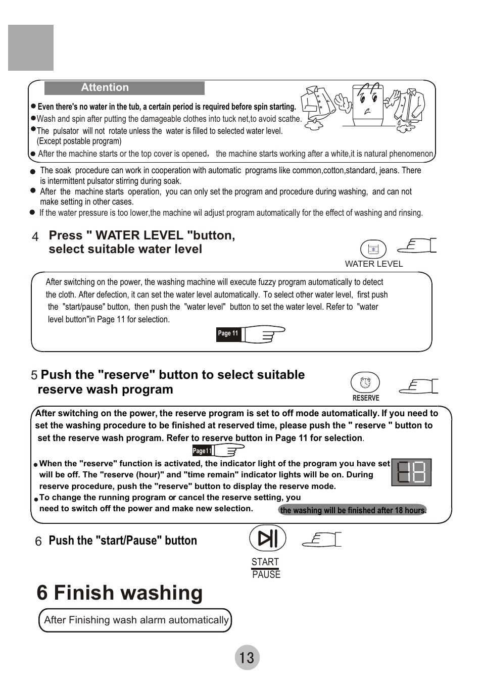 6 finish washing, Push the "start/pause" button | haier HWM55-0528 User Manual | Page 15 / 18