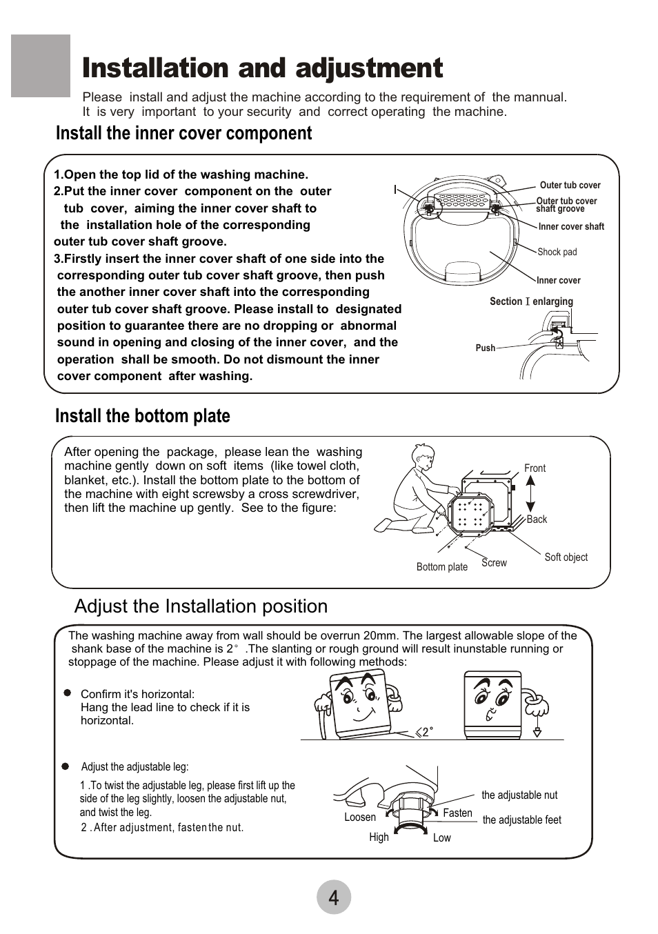 Installation and adjustment, Adjust the installation position | haier HWM55-0528 User Manual | Page 6 / 18