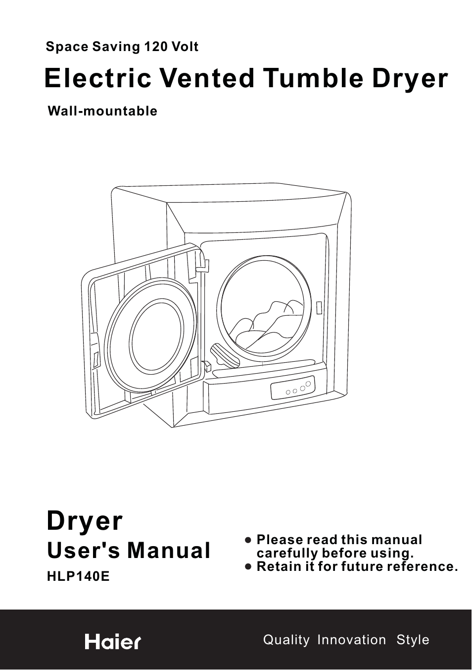 haier Space Saving 120 Volt Electric Vented Tumble Dryer HLP140E User Manual | 24 pages