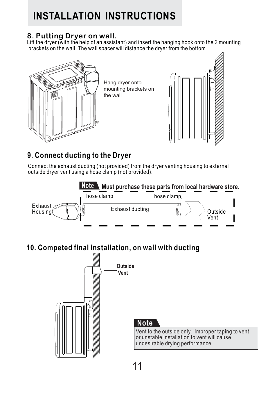 Installation instructions | haier Space Saving 120 Volt Electric Vented Tumble Dryer HLP140E User Manual | Page 12 / 24