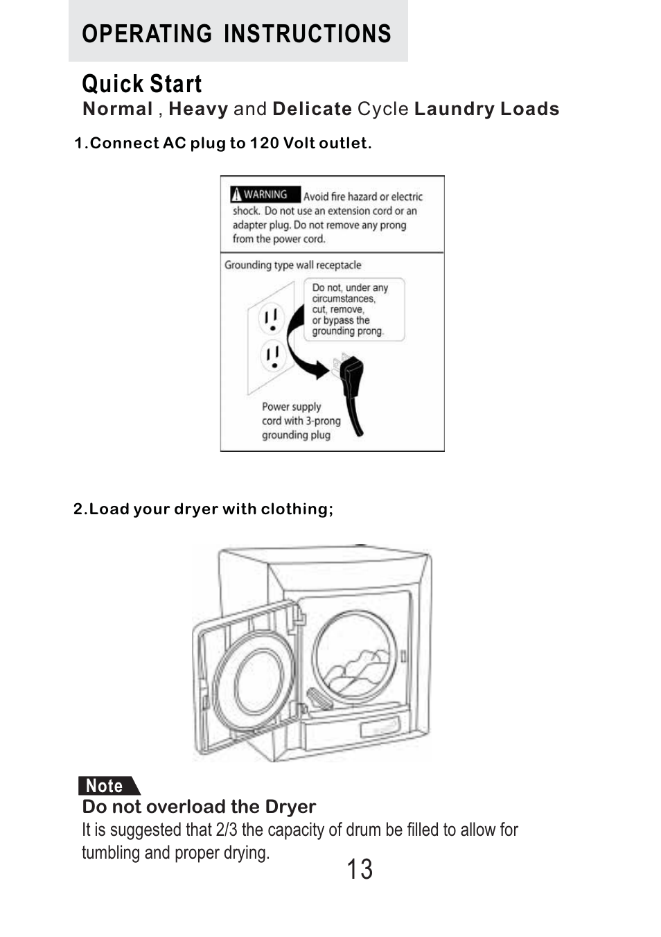 Operating instructions quick start | haier Space Saving 120 Volt Electric Vented Tumble Dryer HLP140E User Manual | Page 14 / 24