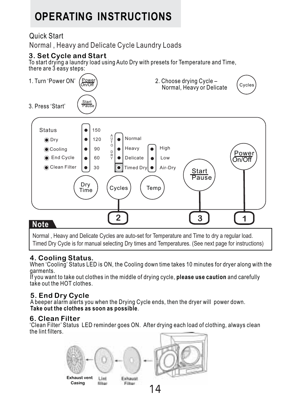 Operating instructions | haier Space Saving 120 Volt Electric Vented Tumble Dryer HLP140E User Manual | Page 15 / 24