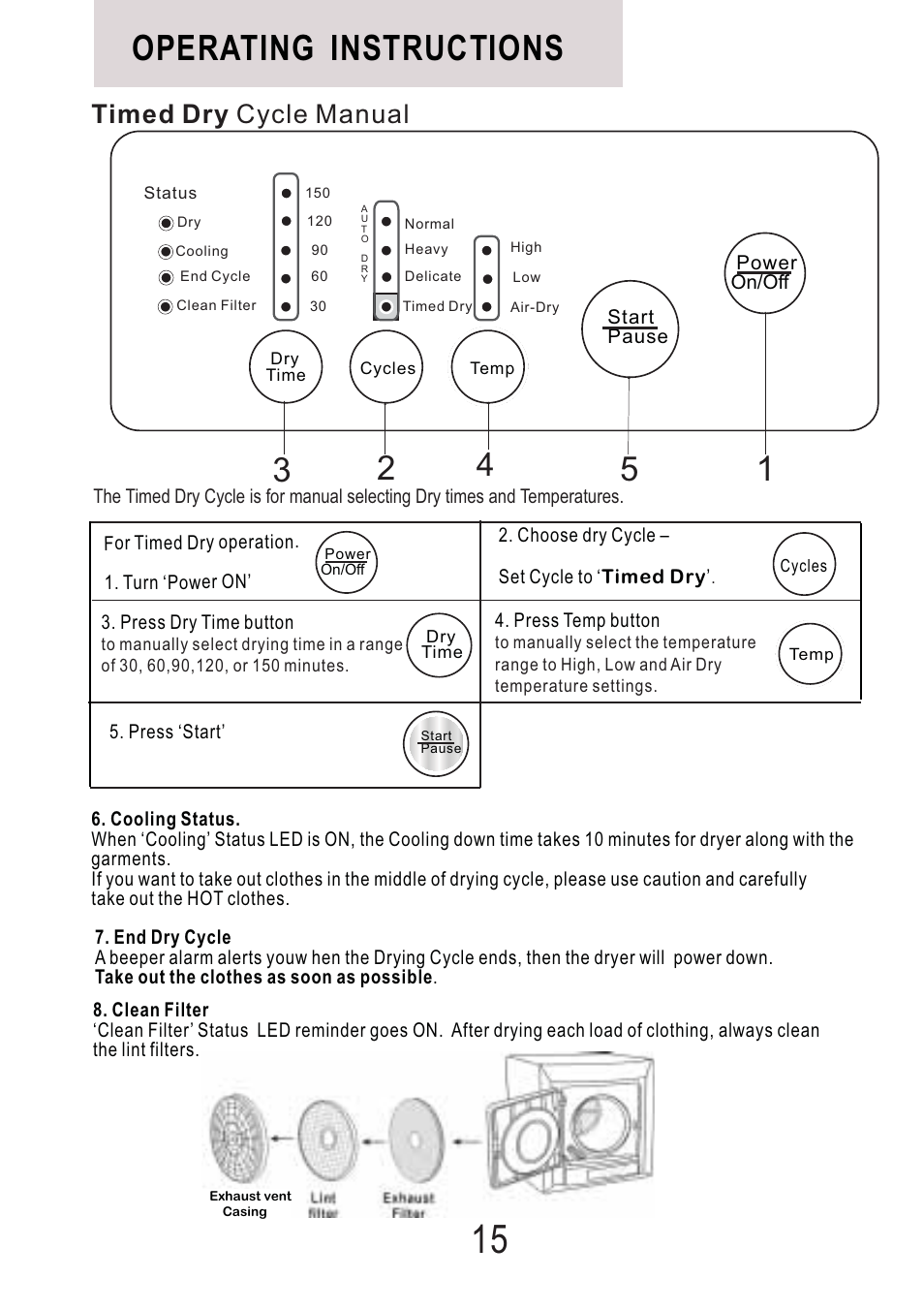 Operating instructions, Timed dry cycle manual | haier Space Saving 120 Volt Electric Vented Tumble Dryer HLP140E User Manual | Page 16 / 24