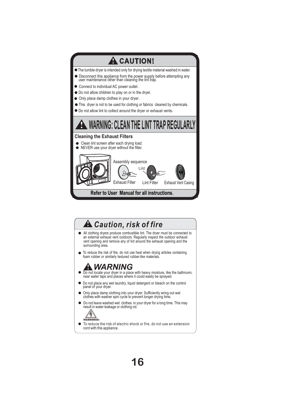 Warning: clean the lint trap regularly, Caution, risk of fire, Warning | Caution | haier Space Saving 120 Volt Electric Vented Tumble Dryer HLP140E User Manual | Page 17 / 24