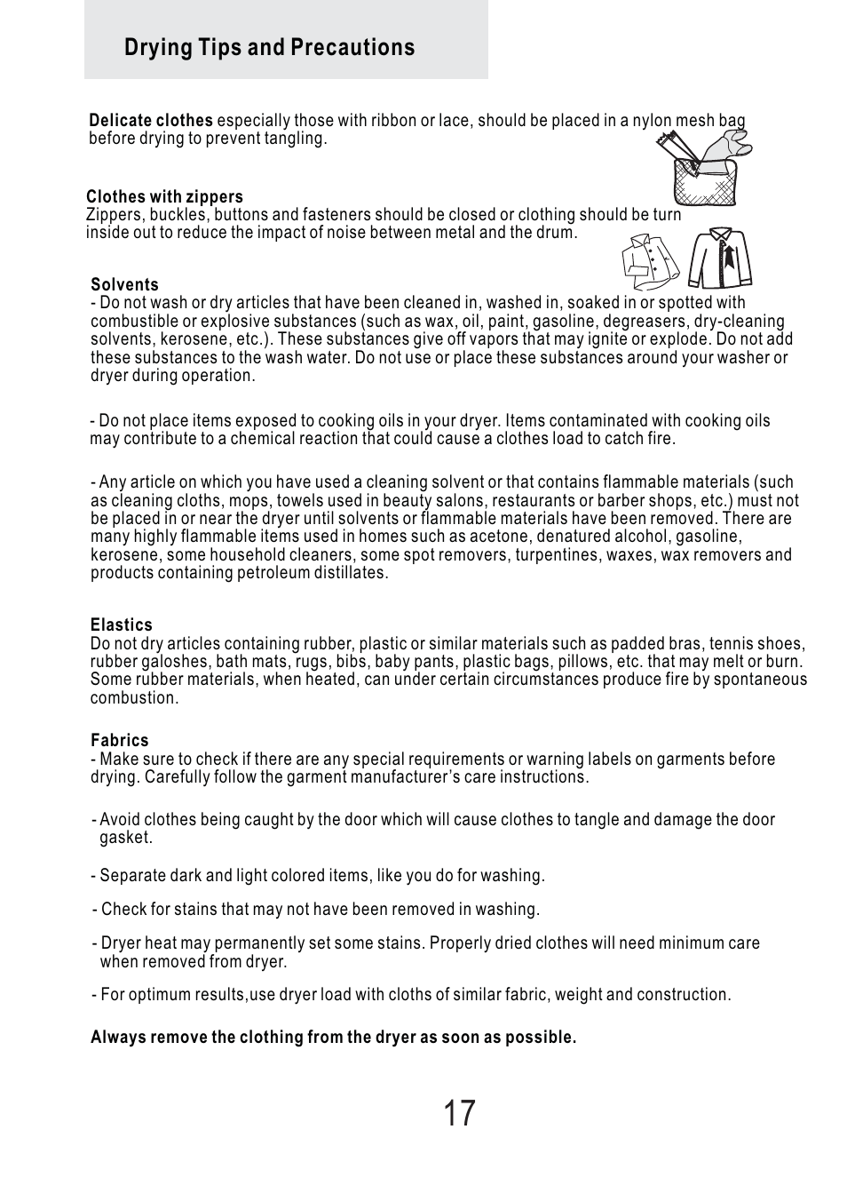 Drying tips and precautions | haier Space Saving 120 Volt Electric Vented Tumble Dryer HLP140E User Manual | Page 18 / 24