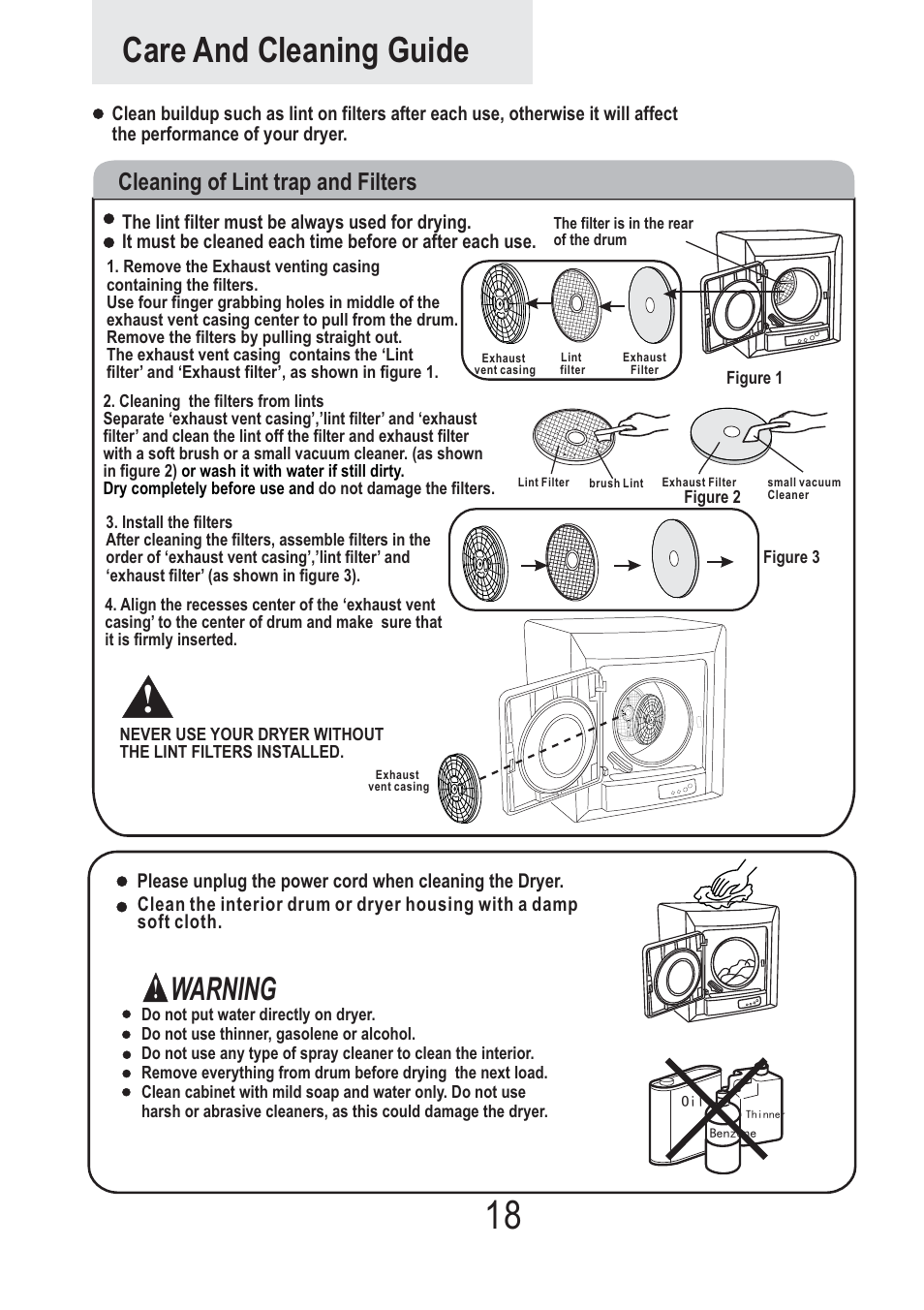 Care and cleaning guide, Warning, Cleaning of lint trap and filters | haier Space Saving 120 Volt Electric Vented Tumble Dryer HLP140E User Manual | Page 19 / 24