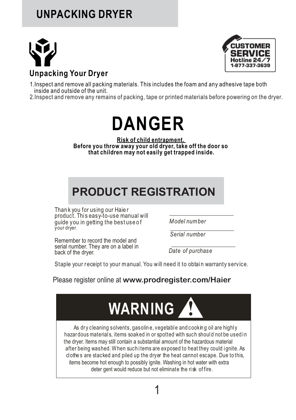 Danger, Warning, Unpacking dryer product registration | haier Space Saving 120 Volt Electric Vented Tumble Dryer HLP140E User Manual | Page 2 / 24