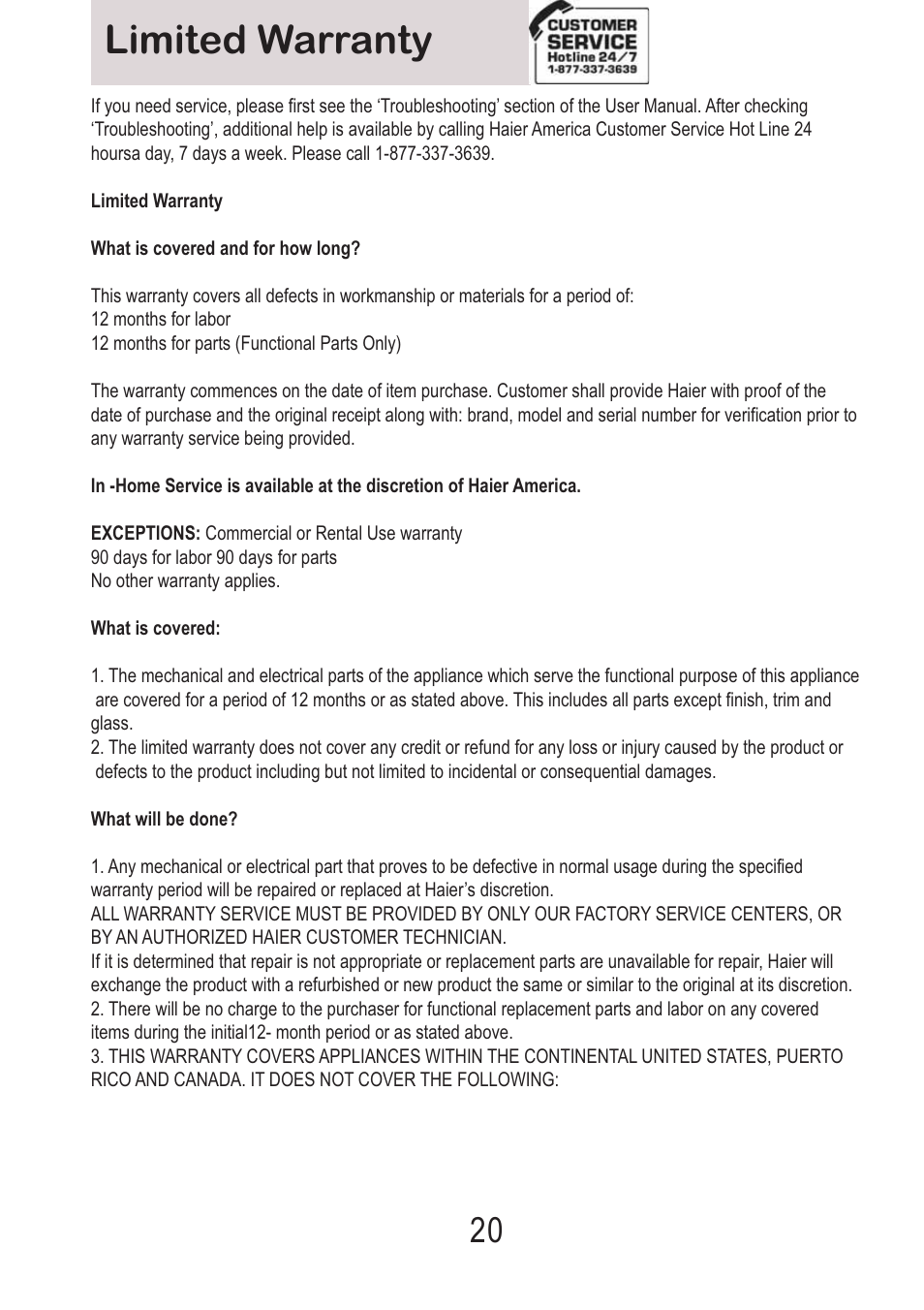 Limited warranty | haier Space Saving 120 Volt Electric Vented Tumble Dryer HLP140E User Manual | Page 21 / 24