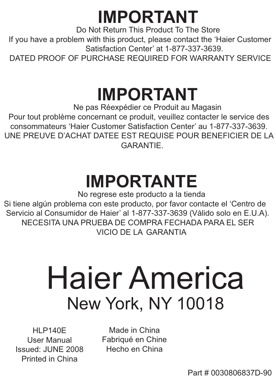 Haier america, Important, Importante | haier Space Saving 120 Volt Electric Vented Tumble Dryer HLP140E User Manual | Page 24 / 24