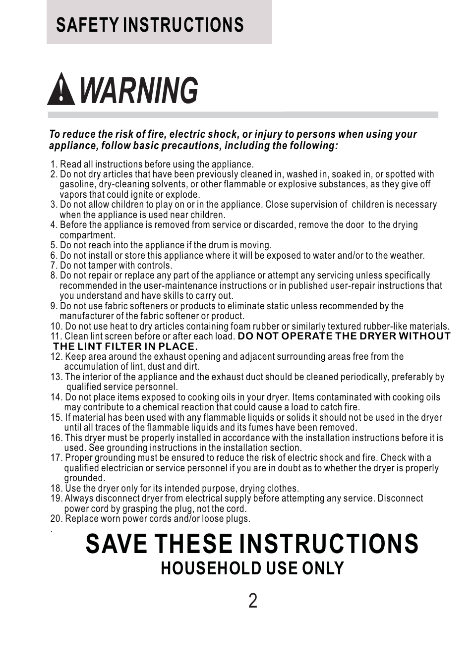 Warning, Save these instructions | haier Space Saving 120 Volt Electric Vented Tumble Dryer HLP140E User Manual | Page 3 / 24