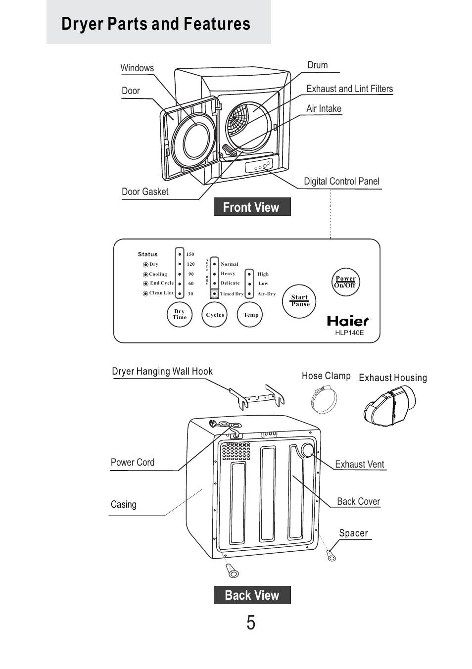 Dryer parts and features, Front view back view, Door windows | haier Space Saving 120 Volt Electric Vented Tumble Dryer HLP140E User Manual | Page 6 / 24