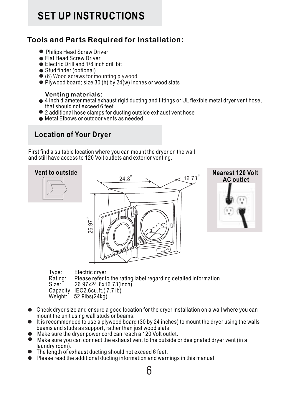 Set up instructions | haier Space Saving 120 Volt Electric Vented Tumble Dryer HLP140E User Manual | Page 7 / 24