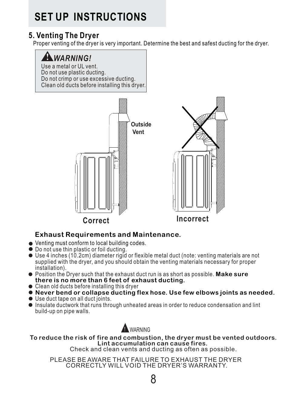 Set up instructions, Venting the dryer, Correct incorrect | Warning | haier Space Saving 120 Volt Electric Vented Tumble Dryer HLP140E User Manual | Page 9 / 24