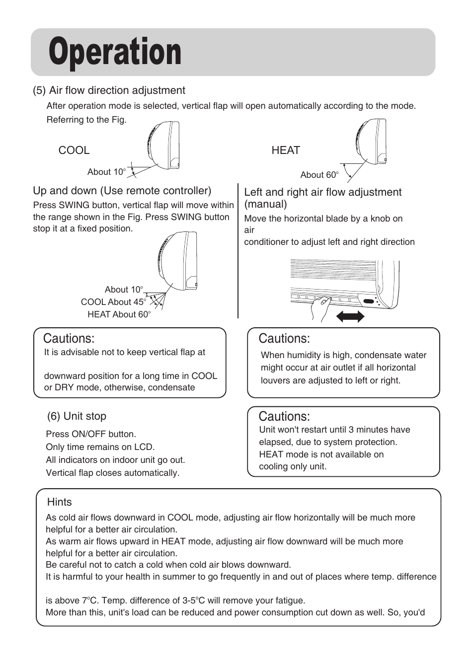 Operation, Cautions | haier AU162AFNAA User Manual | Page 12 / 20