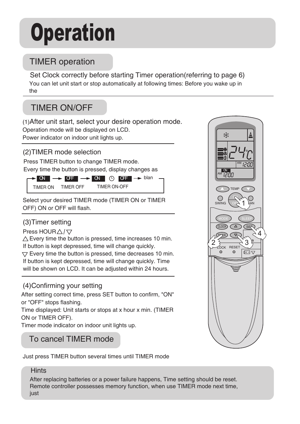 Operation, Timer operation, Timer on/off | 2)timer mode selection, 3)timer setting, 4)confirming your setting | haier AU162AFNAA User Manual | Page 13 / 20