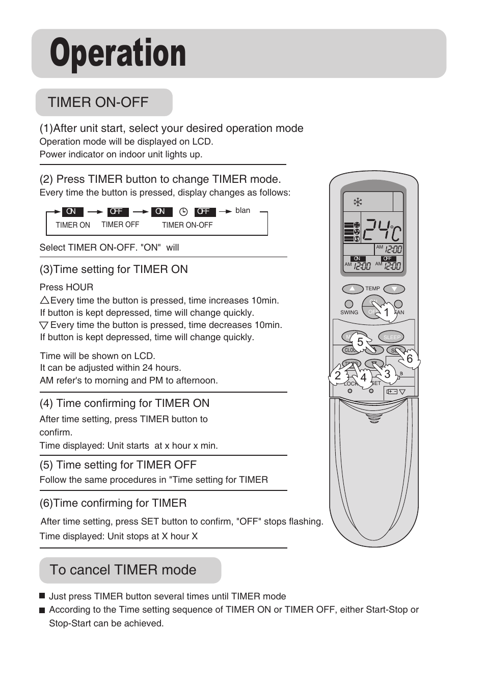 Operation, Timer on-off, 2) press timer button to change timer mode | 3)time setting for timer on, 5) time setting for timer off, 4) time confirming for timer on, 6)time confirming for timer | haier AU162AFNAA User Manual | Page 14 / 20