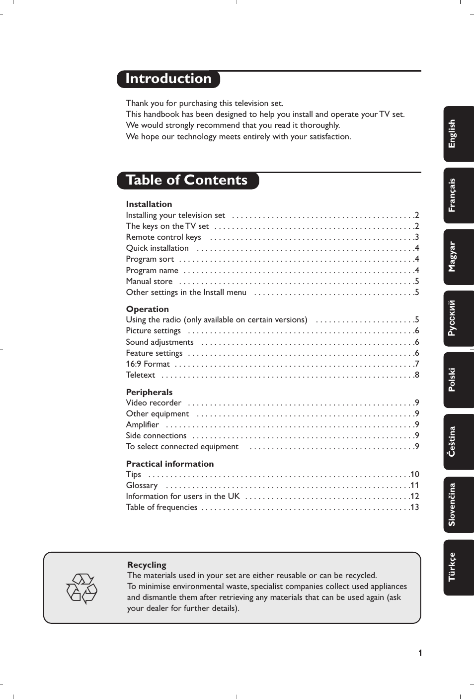 Introduction table of contents | Philips 32PW6518 User Manual | Page 3 / 84