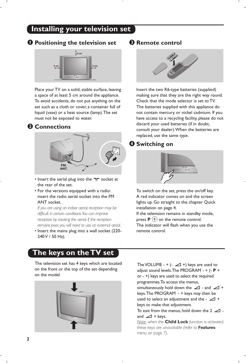 Positioning the television set, Connections, Remote control | Switching on | Philips 32PW6518 User Manual | Page 4 / 84