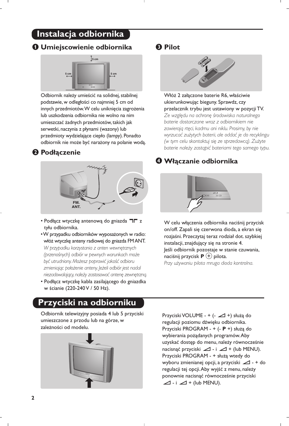 Instalacja odbiornika przyciski na odbiorniku, Umiejscowienie odbiornika, Podłączenie | Pilot, Włączanie odbiornika | Philips 32PW6518 User Manual | Page 44 / 84