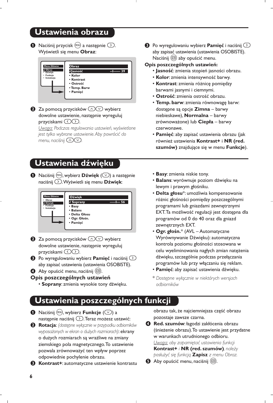 Ustawienia obrazu ustawienia dźwięku, Ustawienia poszczególnych funkcji | Philips 32PW6518 User Manual | Page 48 / 84