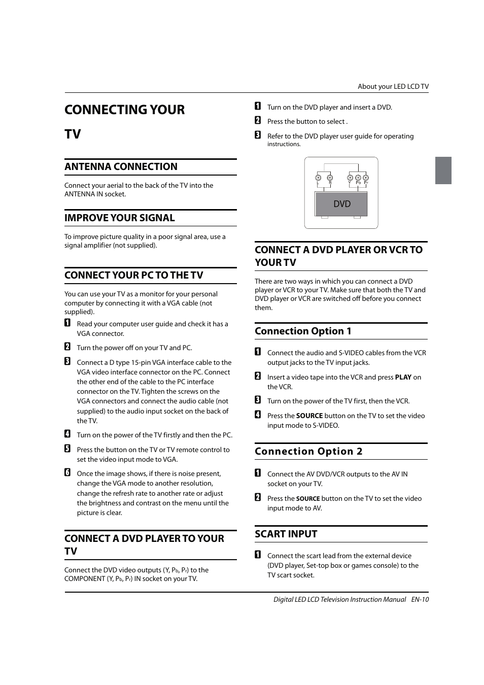 Connecting your tv, Antenna connection, Improve your signal | Connect your pc to the tv, Connect a dvd player to your tv, Connect a dvd player or vcr to your tv, Connection option 1, Connection option 2, Scart input | haier 0090504932V User Manual | Page 11 / 95