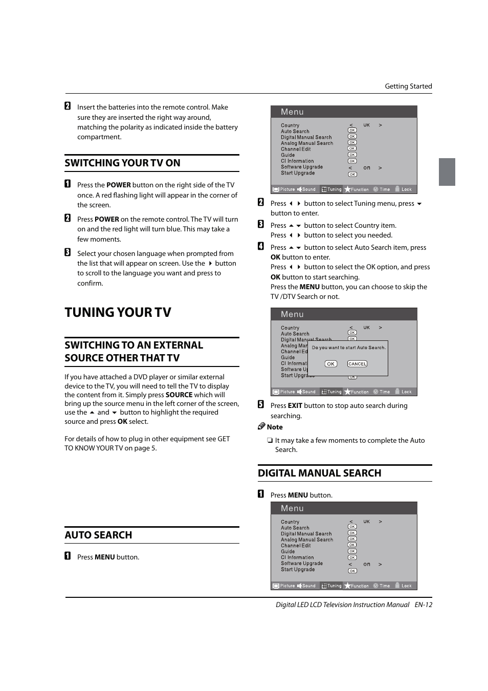 Tuning your tv, Switching your tv on, Switching to an external source other that tv | Auto search, Digital manual search | haier 0090504932V User Manual | Page 13 / 95
