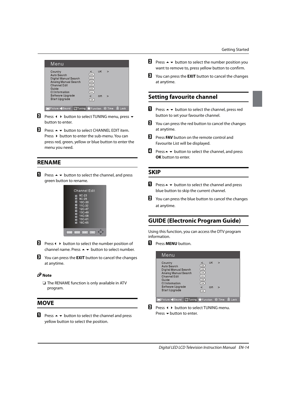 Rename, Move, Setting favourite channel | Skip, Guide (electronic program guide) | haier 0090504932V User Manual | Page 15 / 95