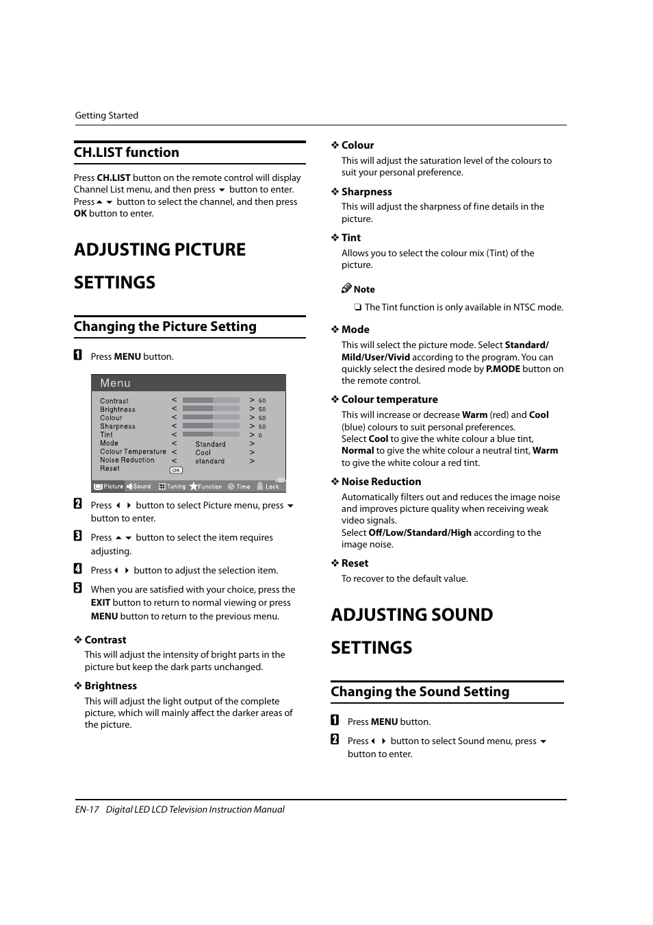 Adjusting picture settings, Adjusting sound settings, Ch.list function | Changing the picture setting, Changing the sound setting | haier 0090504932V User Manual | Page 18 / 95