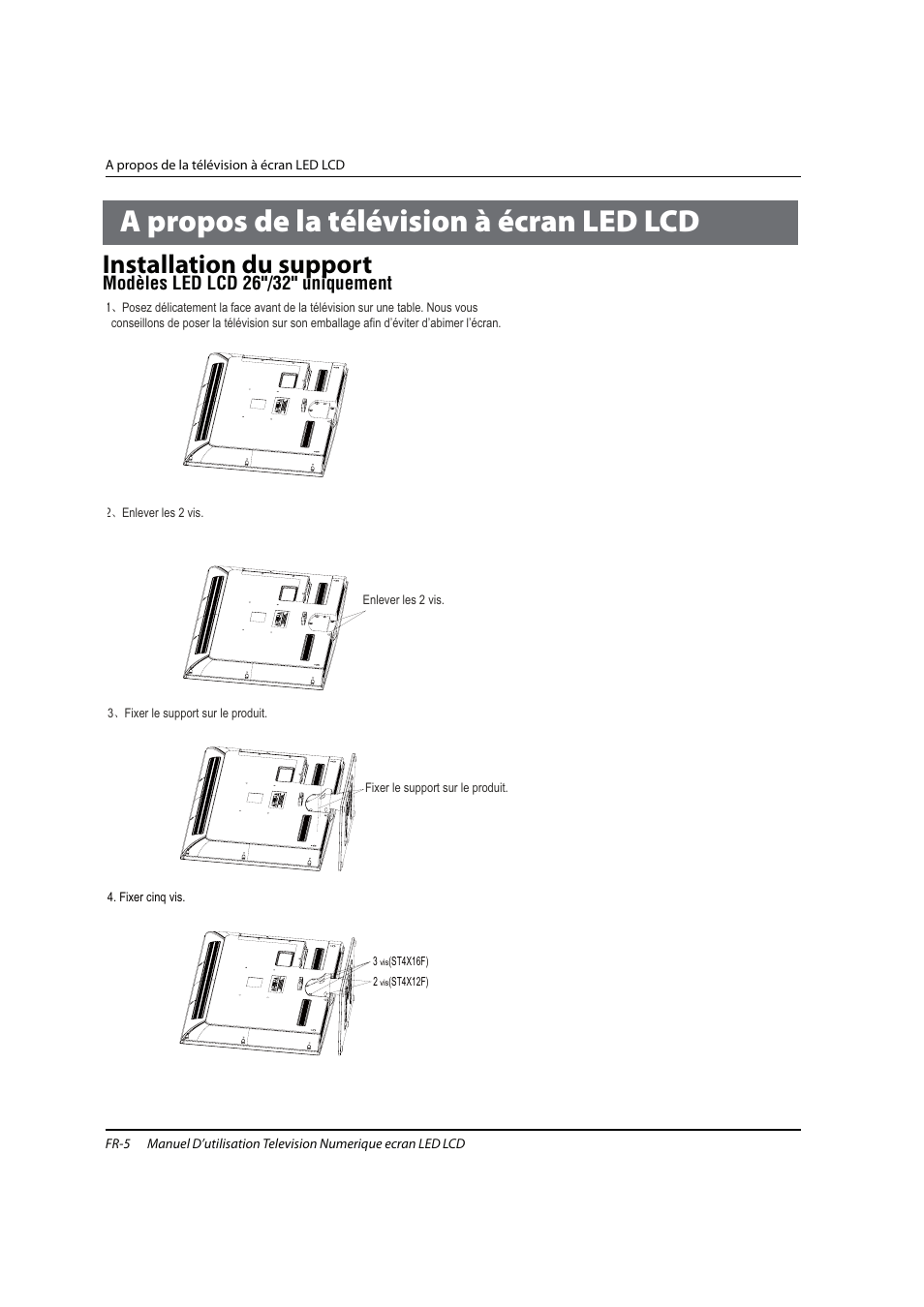 A propos de la télévision à écran led lcd, Installation du support, Modèles led lcd 26"/32" uniquement | haier 0090504932V User Manual | Page 36 / 95