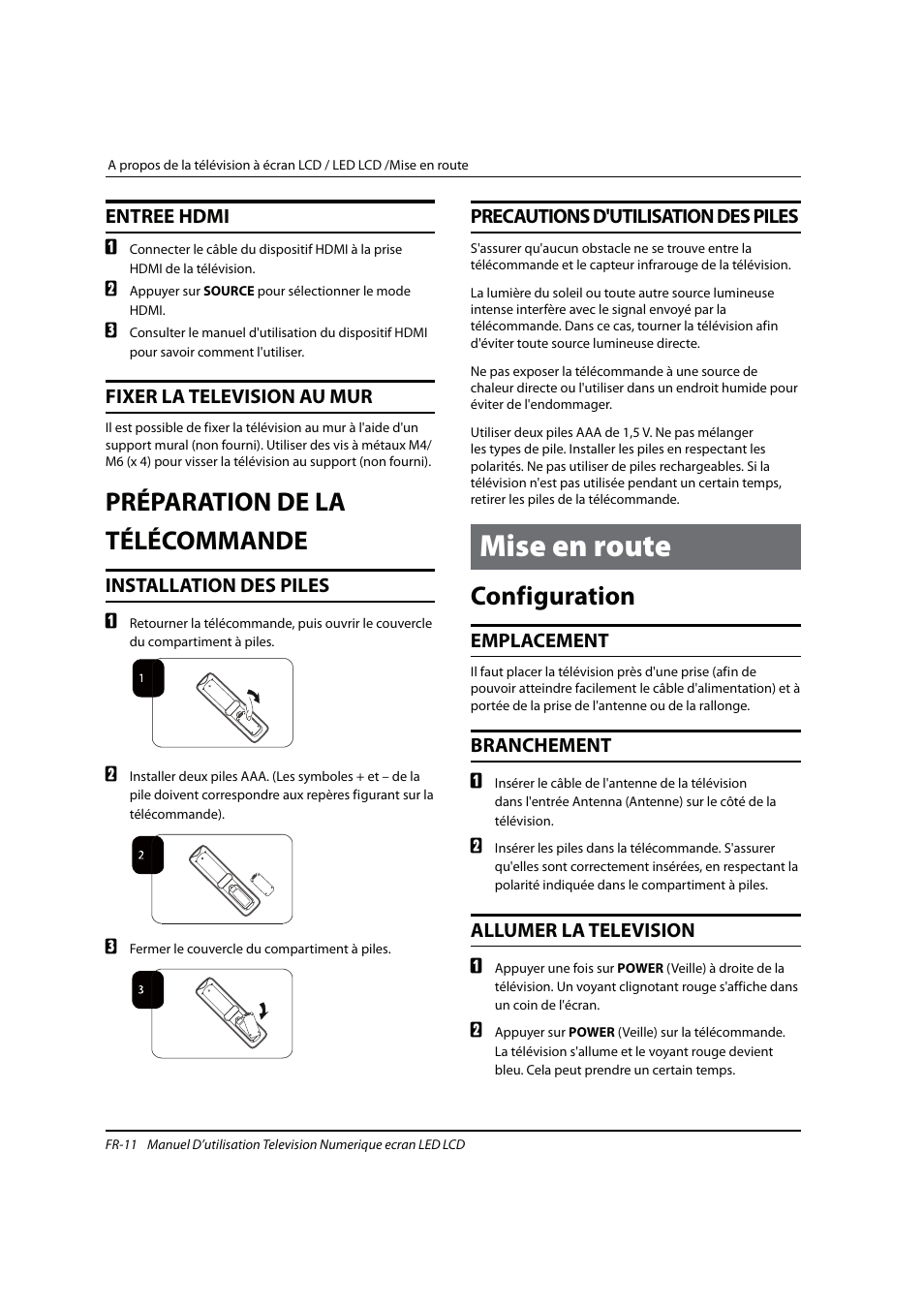 Mise en route, Préparation de la télécommande, Configuration | Entree hdmi, Fixer la television au mur, Installation des piles, Precautions d'utilisation des piles, Emplacement, Branchement, Allumer la television | haier 0090504932V User Manual | Page 42 / 95