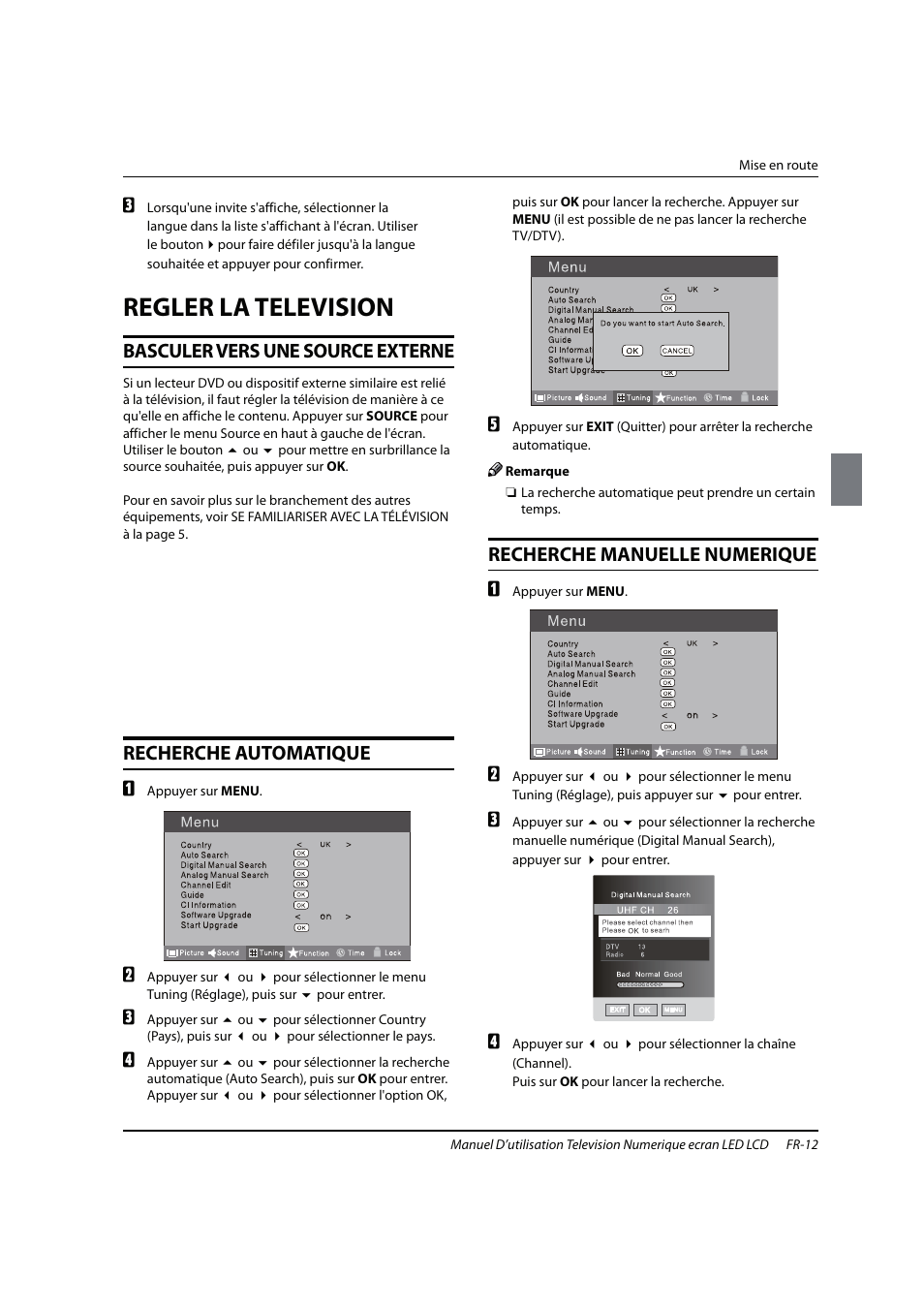 Regler la television, Basculer vers une source externe, Recherche automatique | Recherche manuelle numerique | haier 0090504932V User Manual | Page 43 / 95