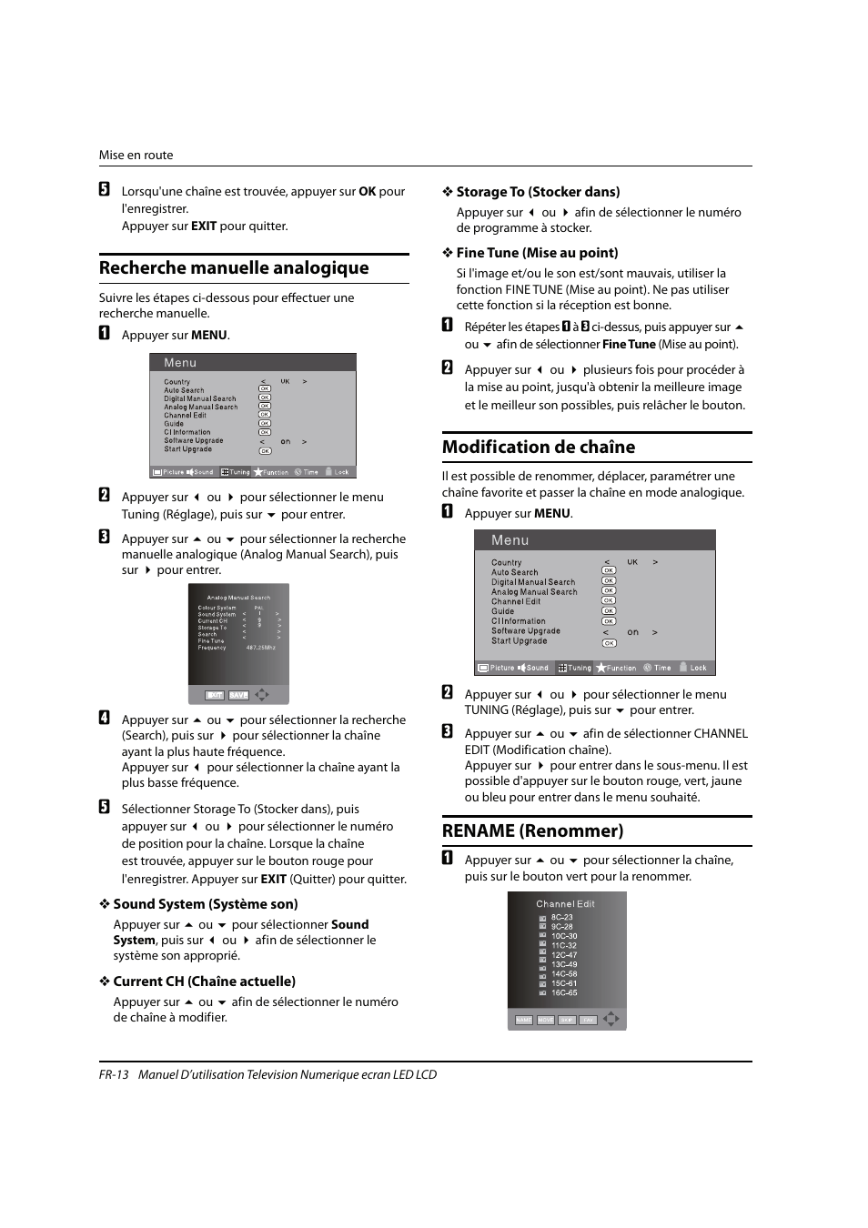 Recherche manuelle analogique, Modification de chaîne, Rename (renommer) | haier 0090504932V User Manual | Page 44 / 95