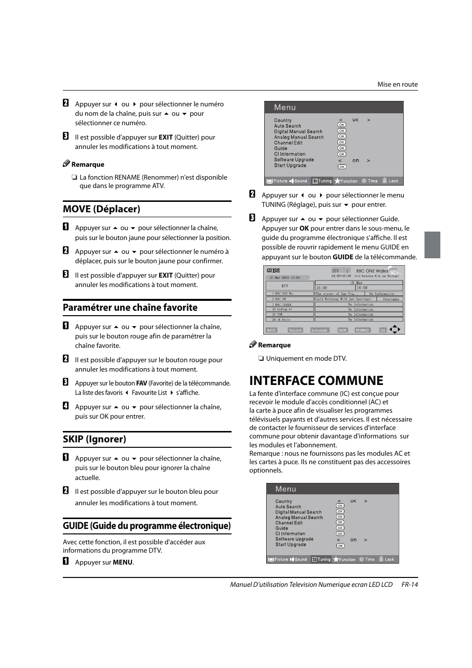 Interface commune, Move (déplacer), Paramétrer une chaîne favorite | Skip (ignorer), Guide (guide du programme électronique) | haier 0090504932V User Manual | Page 45 / 95