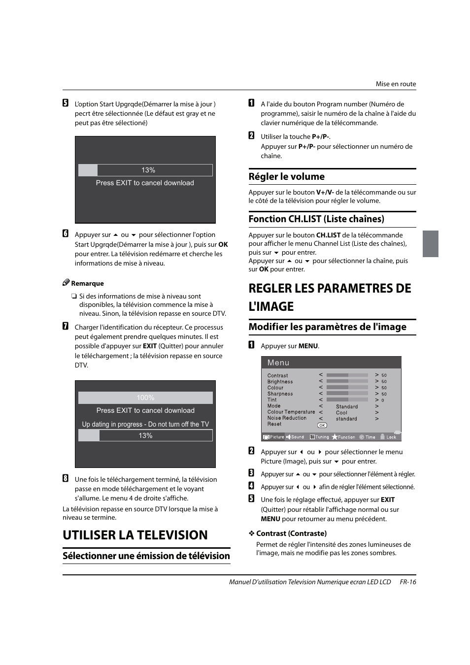 Utiliser la television, Regler les parametres de l'image, Sélectionner une émission de télévision | Régler le volume, Fonction ch.list (liste chaînes), Modifier les paramètres de l'image | haier 0090504932V User Manual | Page 47 / 95