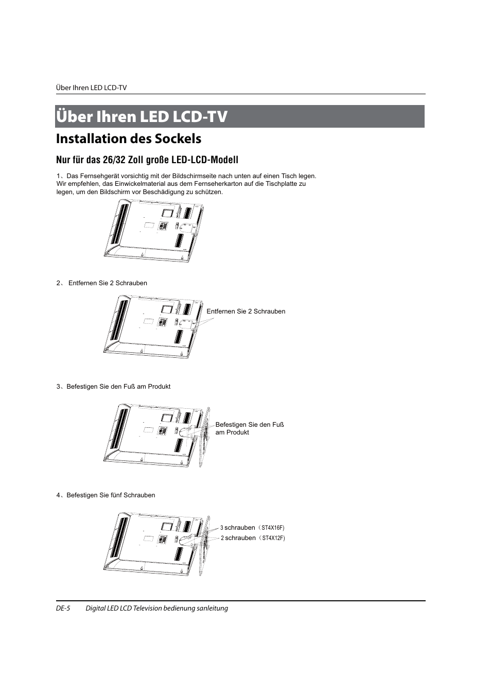 Über ihren led lcd-tv, Installation des sockels, Nur für das 26/32 zoll große led-lcd-modell | haier 0090504932V User Manual | Page 68 / 95