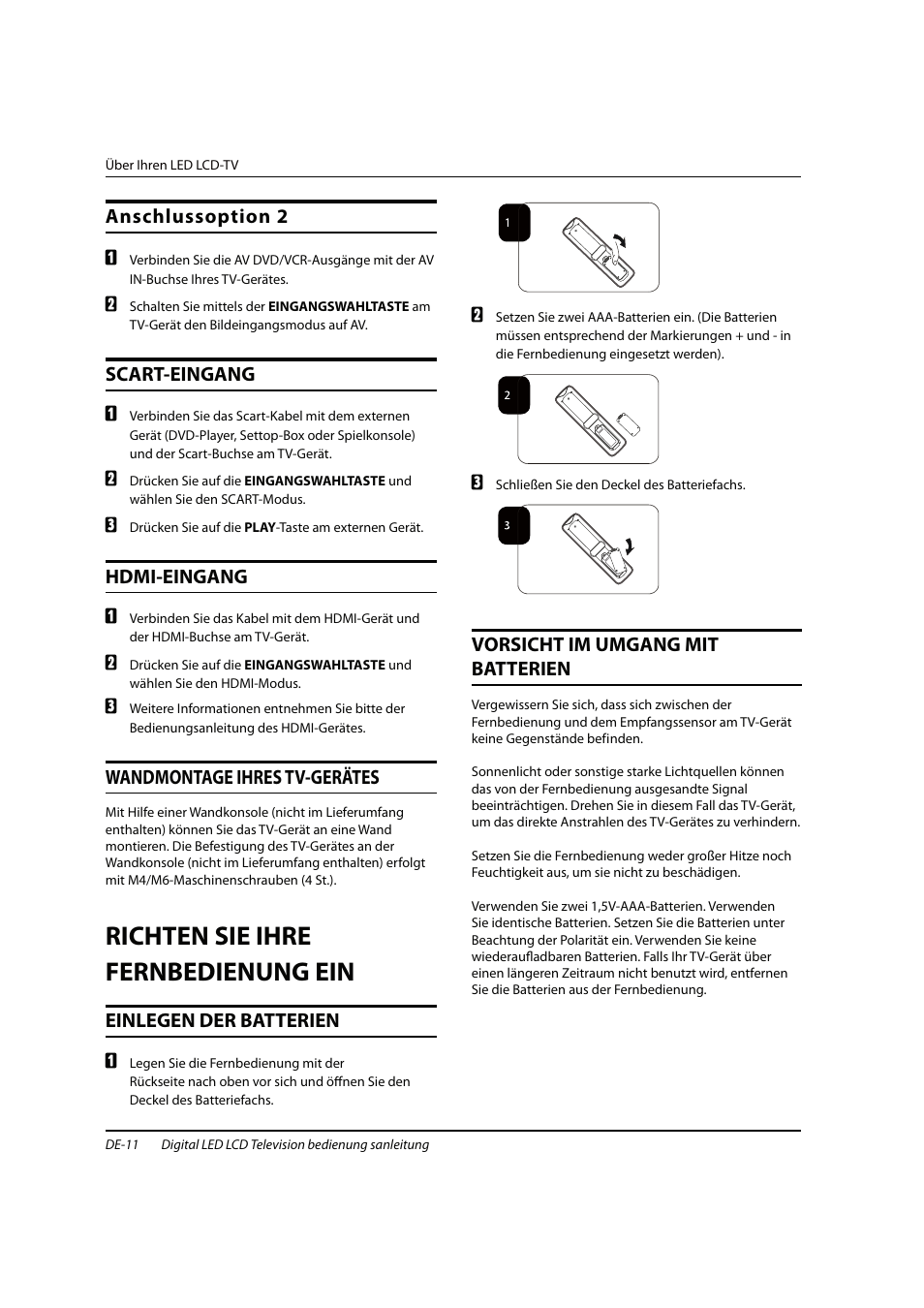 Richten sie ihre fernbedienung ein, Anschlussoption 2, Scart-eingang | Hdmi-eingang, Wandmontage ihres tv-gerätes, Einlegen der batterien, Vorsicht im umgang mit batterien | haier 0090504932V User Manual | Page 74 / 95