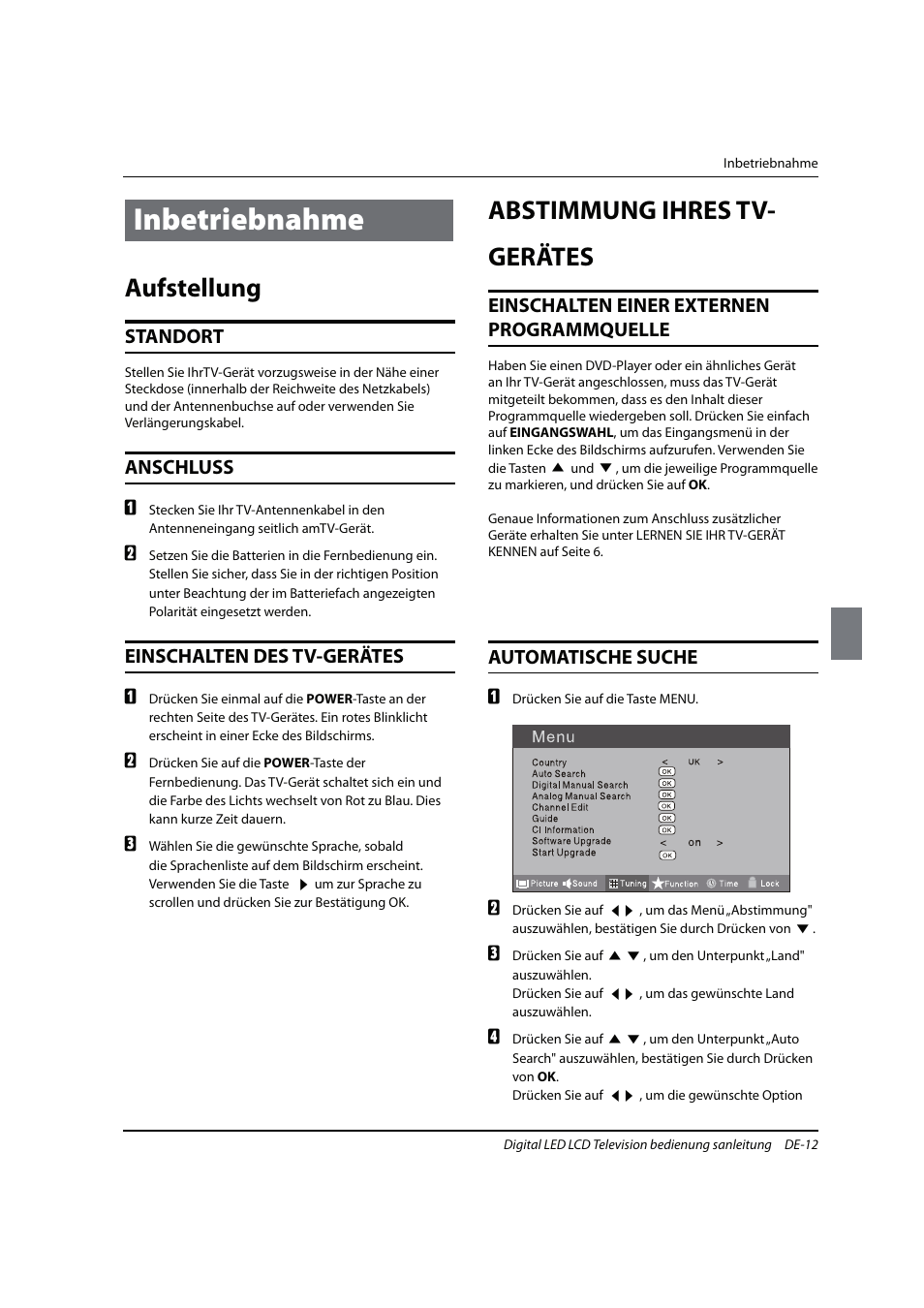 Inbetriebnahme, Aufstellung, Abstimmung ihres tv- gerätes | Standort, Anschluss, Einschalten des tv-gerätes, Einschalten einer externen programmquelle, Automatische suche | haier 0090504932V User Manual | Page 75 / 95