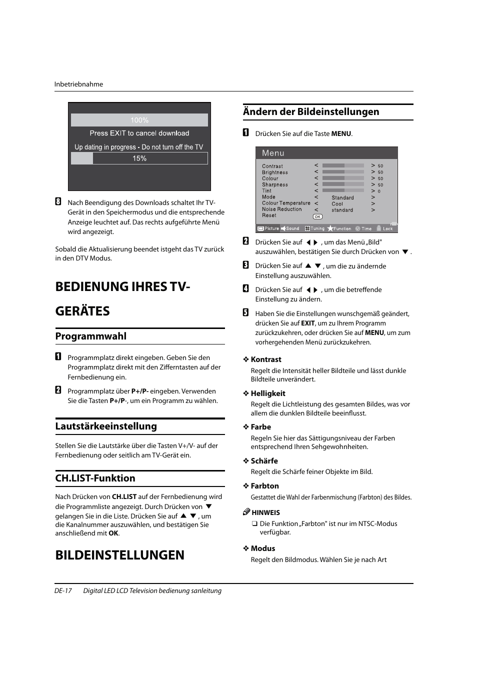 Bedienung ihres tv- gerätes, Bildeinstellungen, Programmwahl | Lautstärkeeinstellung, Ch.list-funktion, Ändern der bildeinstellungen | haier 0090504932V User Manual | Page 80 / 95