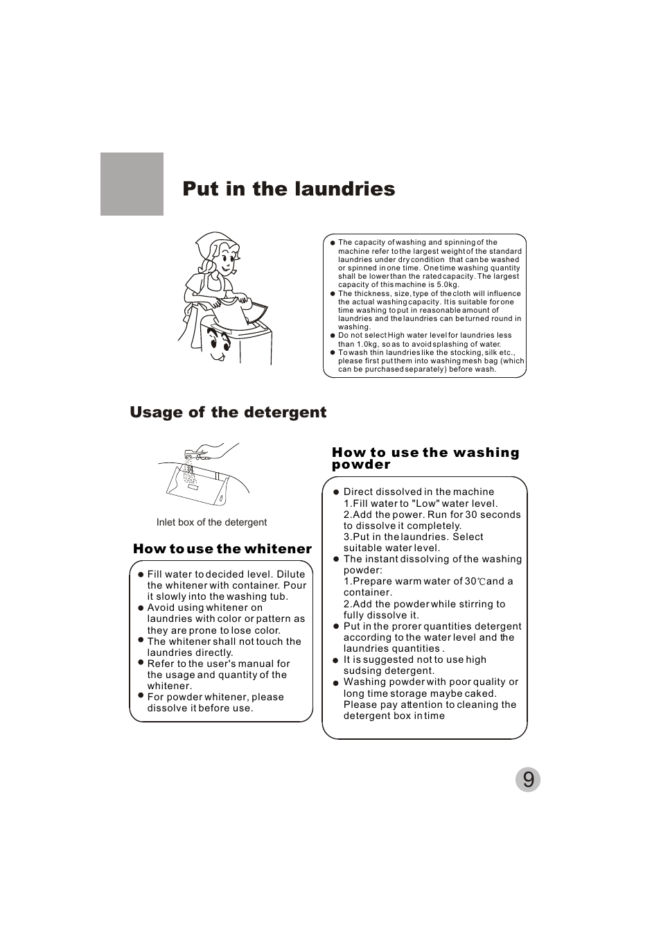 Put in the laundries, Usage of the detergent | haier HWM50-10H User Manual | Page 11 / 19