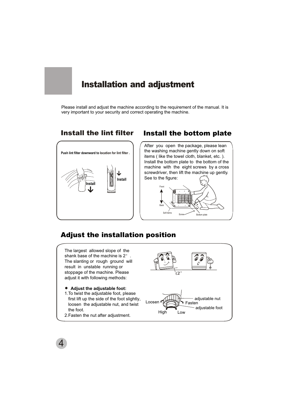 Installation and adjustment, Install the bottom plate, Adjust the installation position | Install the lint filter | haier HWM50-10H User Manual | Page 6 / 19