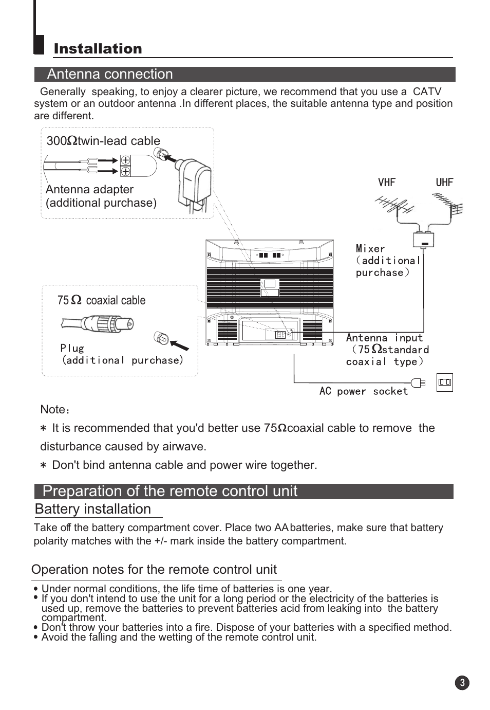 Preparation of the remote control unit, Battery installation, Installation antenna connection | haier 34F9K User Manual | Page 4 / 27