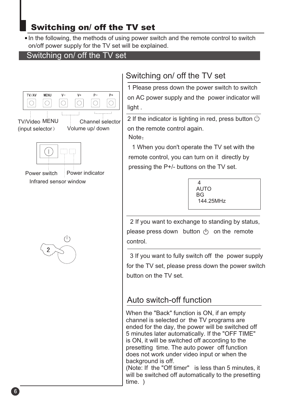 Switching on/ off the tv set, Auto switch-off function | haier 34F9K User Manual | Page 7 / 27