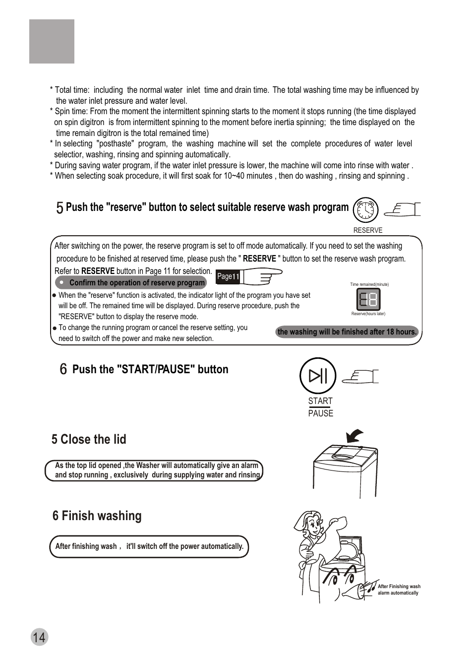 5 close the lid 6 finish washing, Push the "start/pause" button | haier XQS70-98 User Manual | Page 16 / 19