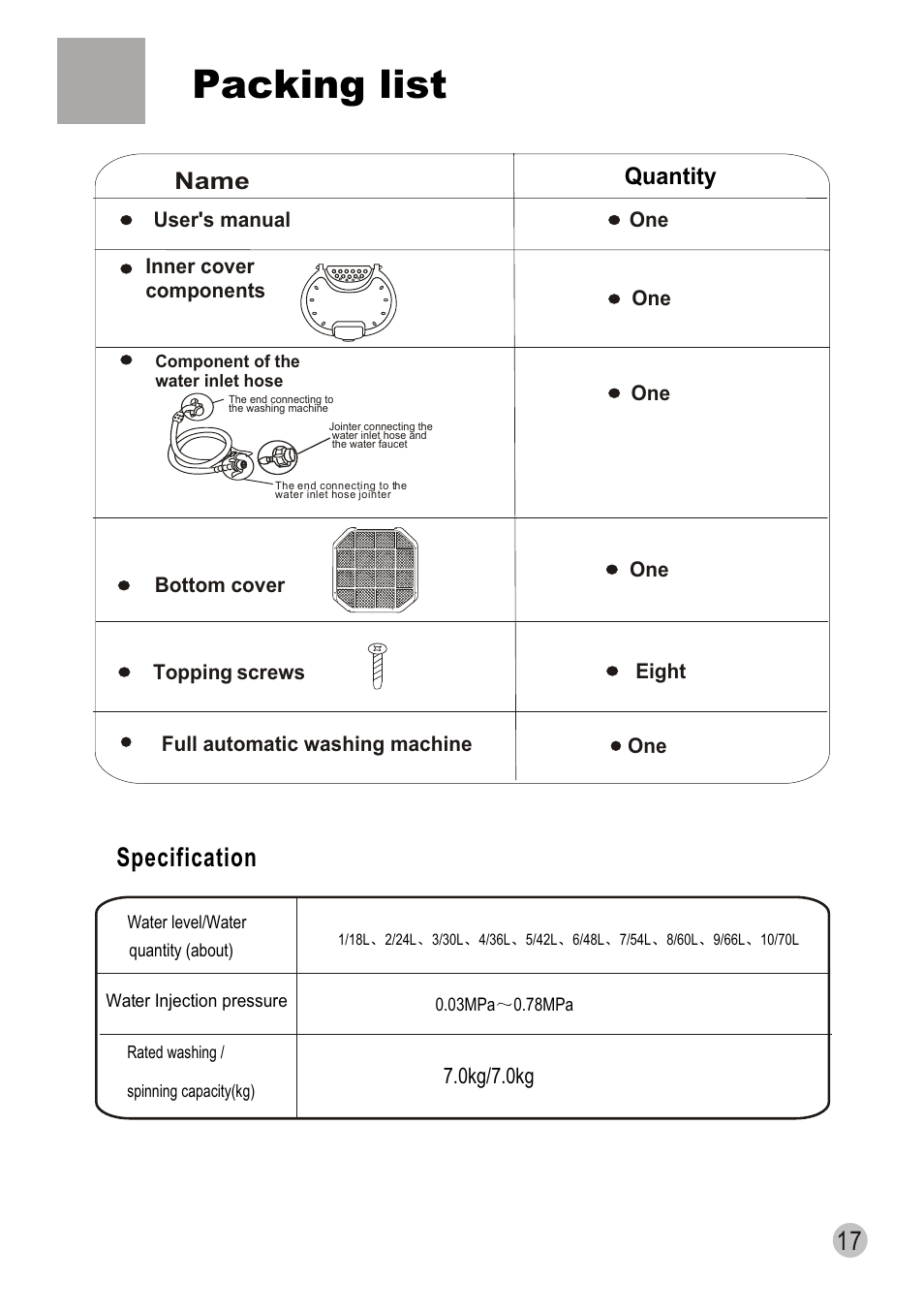 Packing list, Specification, Name quantity | 0kg/7.0kg | haier XQS70-98 User Manual | Page 19 / 19