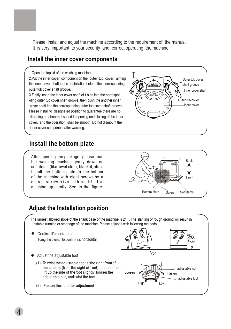 Install the bottom plate, Adjust the installation position, Install the inner cover components | haier XQS70-98 User Manual | Page 6 / 19